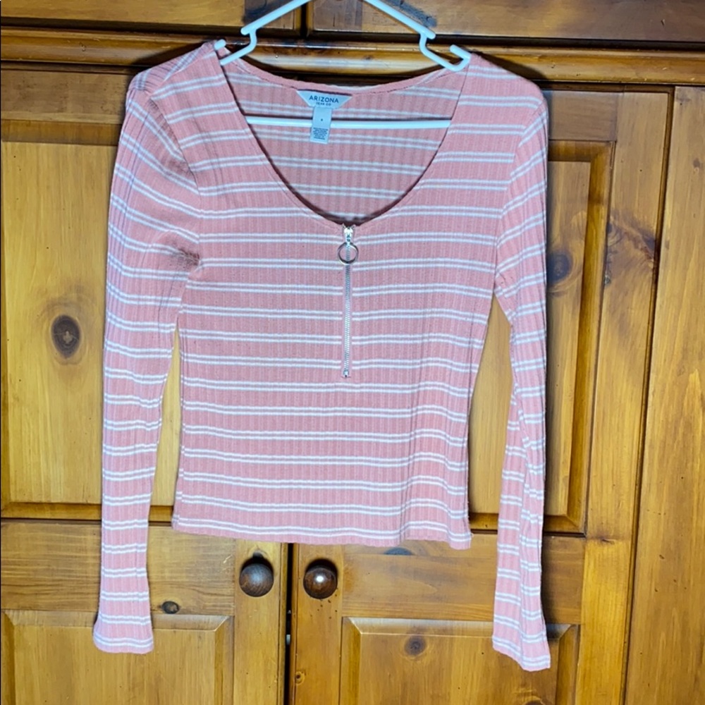 Arizona Jean Company Pink Striped Zip Up Shirt